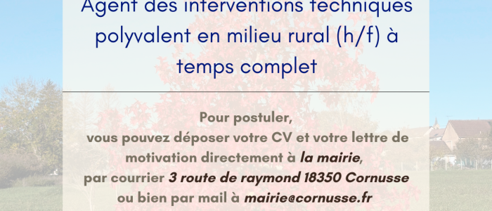 Recrutement Agent des interventions techniques polyvalent en milieu rural (h/f)