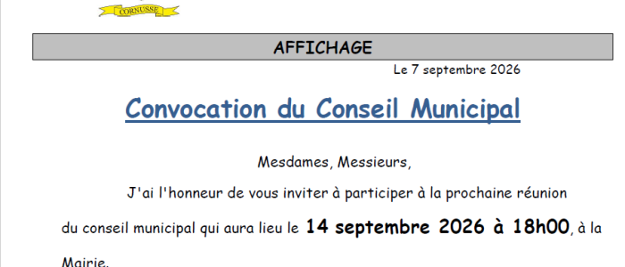 Conseil municipal du 14 septembre 2026 à 18h00