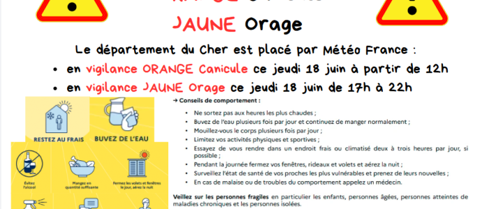 DOUBLE VIGILANCE : Orange CANICULE et Jaune ORAGE
